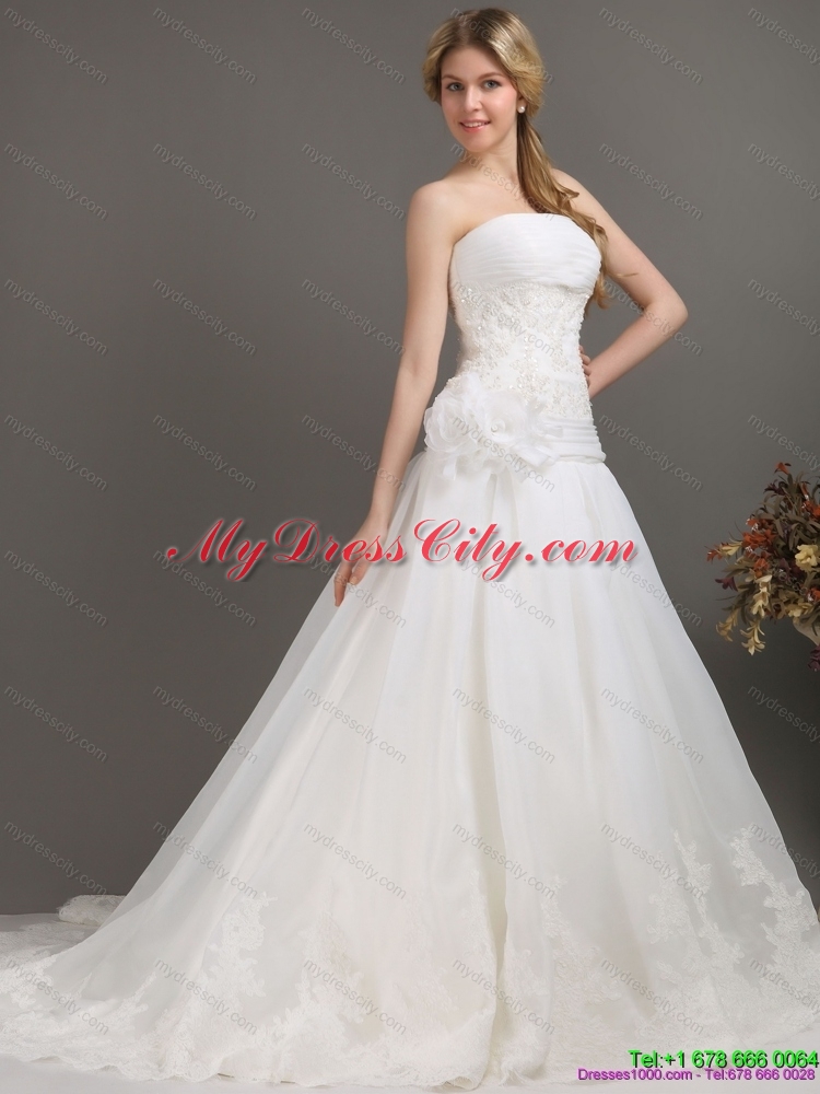 Ruched Beaded White Wedding Dresses with Brush Train and Hand Made Flower