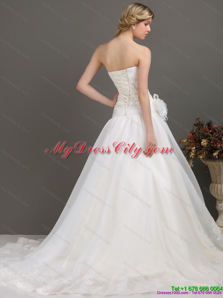 Ruched Beaded White Wedding Dresses with Brush Train and Hand Made Flower