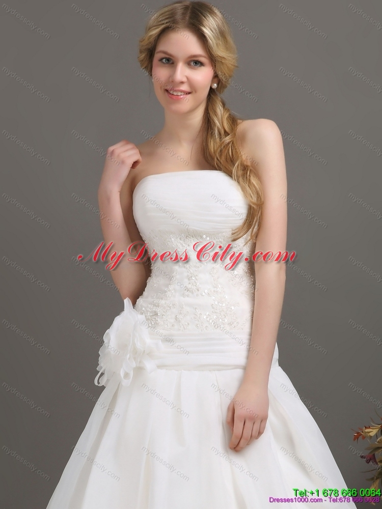 Ruched Beaded White Wedding Dresses with Brush Train and Hand Made Flower