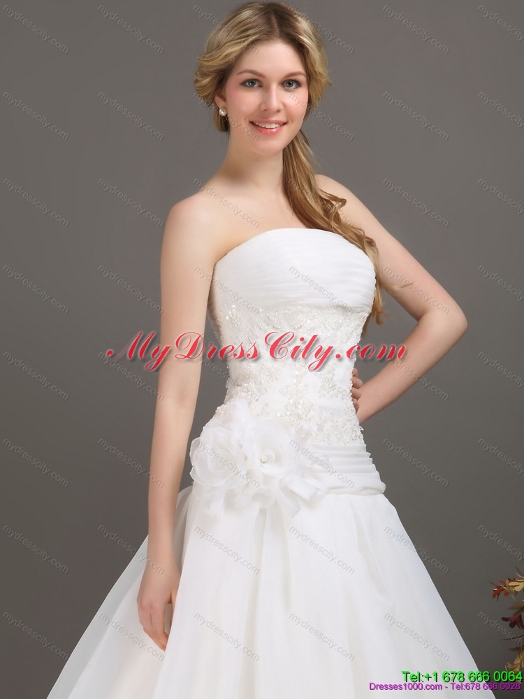 Ruched Beaded White Wedding Dresses with Brush Train and Hand Made Flower