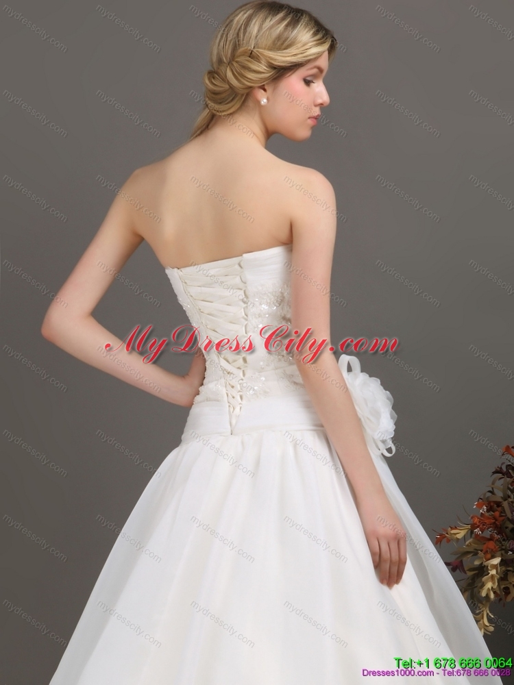 Ruched Beaded White Wedding Dresses with Brush Train and Hand Made Flower