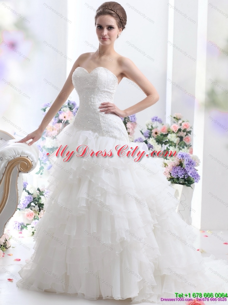 White Brush Train Wedding Dresses with Ruffled Layers and Sequins