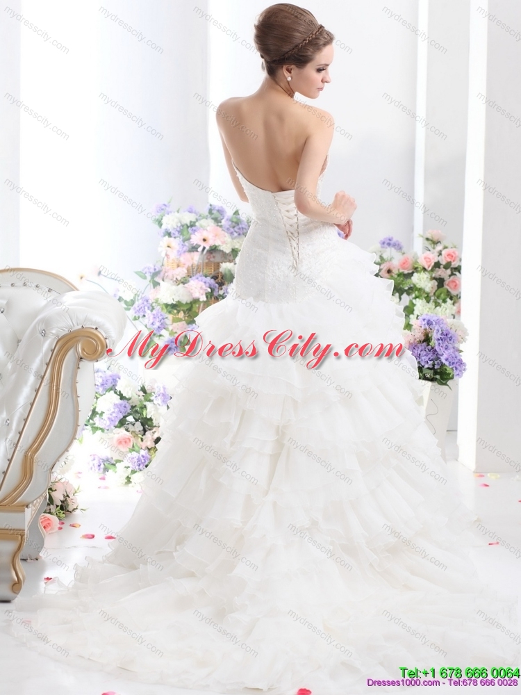 White Brush Train Wedding Dresses with Ruffled Layers and Sequins