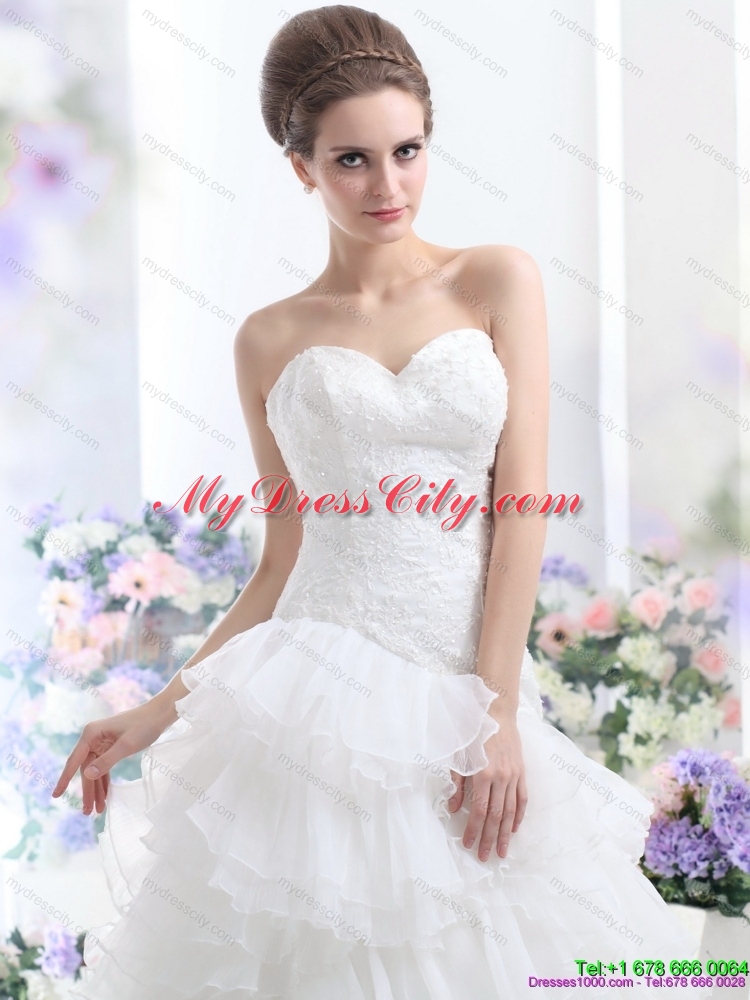 White Brush Train Wedding Dresses with Ruffled Layers and Sequins