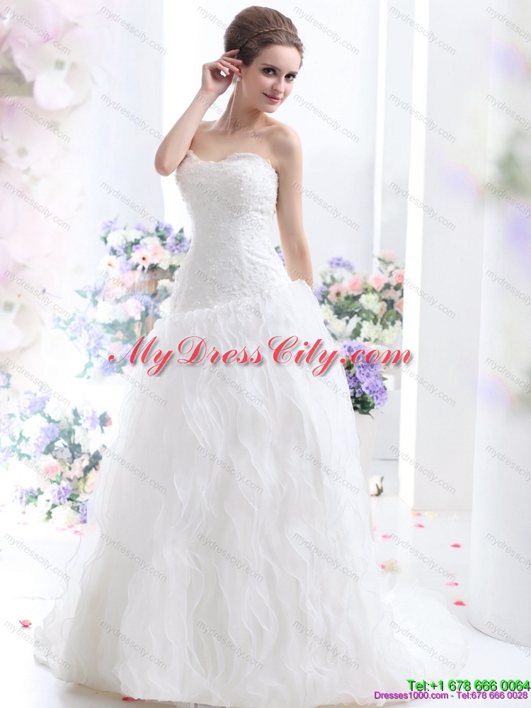 White Brush Train Wedding Dresses with Ruffled Layers and Sequins