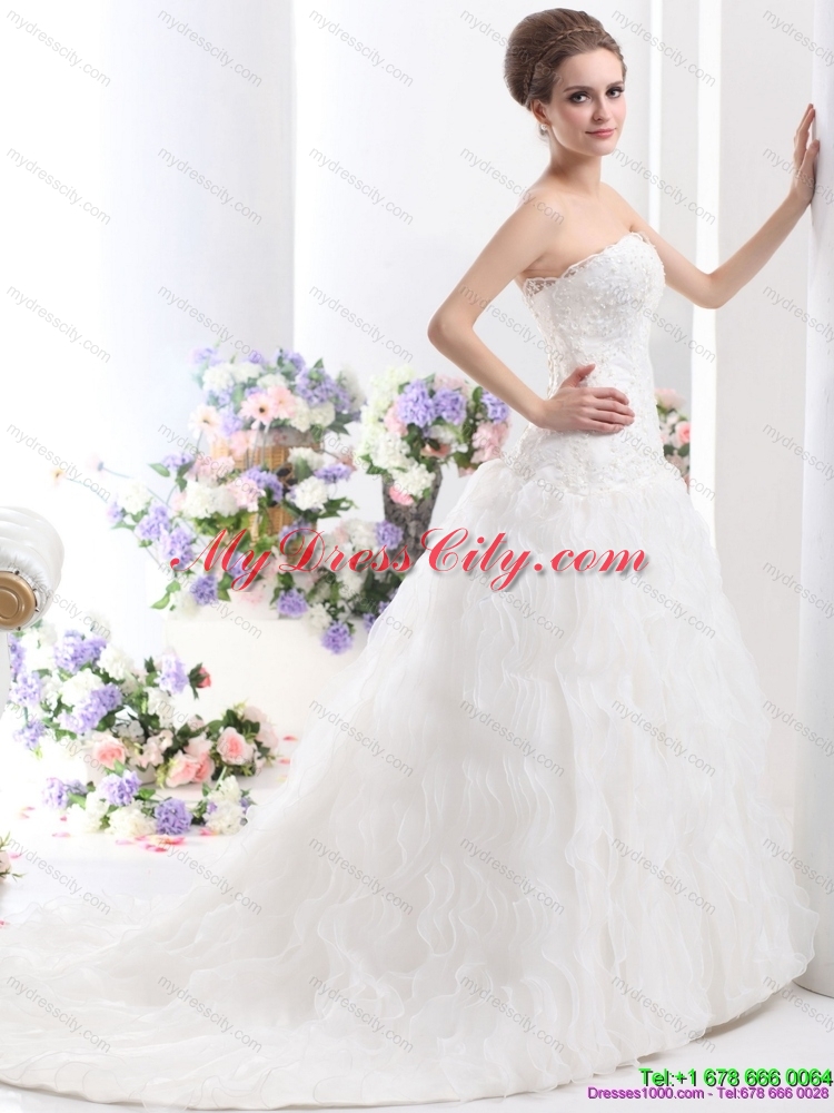 White Brush Train Wedding Dresses with Ruffled Layers and Sequins