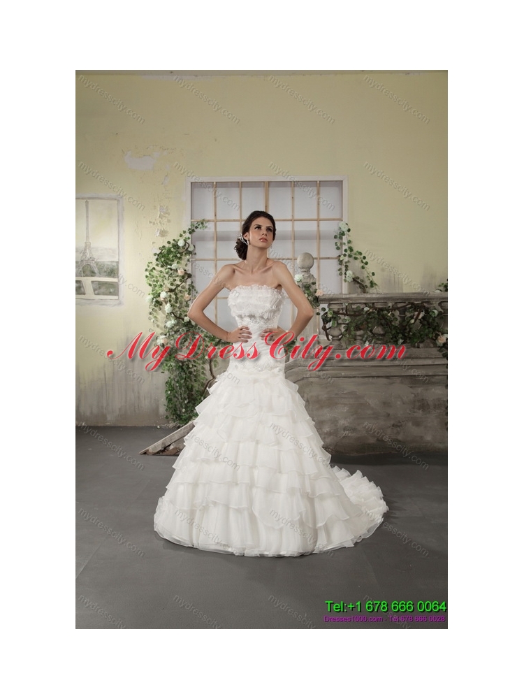 2015 Strapless White Bridal Gowns with Ruffled Layers and Court Train