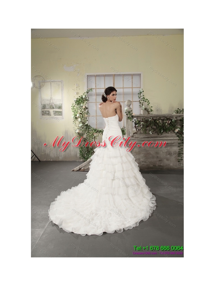 2015 Strapless White Bridal Gowns with Ruffled Layers and Court Train