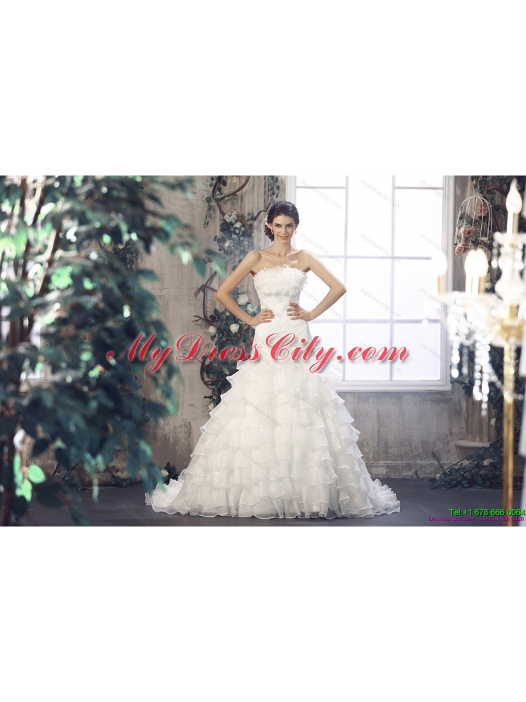 2015 Strapless White Bridal Gowns with Ruffled Layers and Court Train