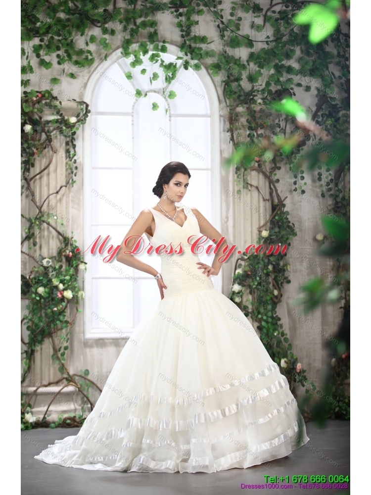 2015 Beautiful White Straps Ruffled Bridal Dresses with Brush Train