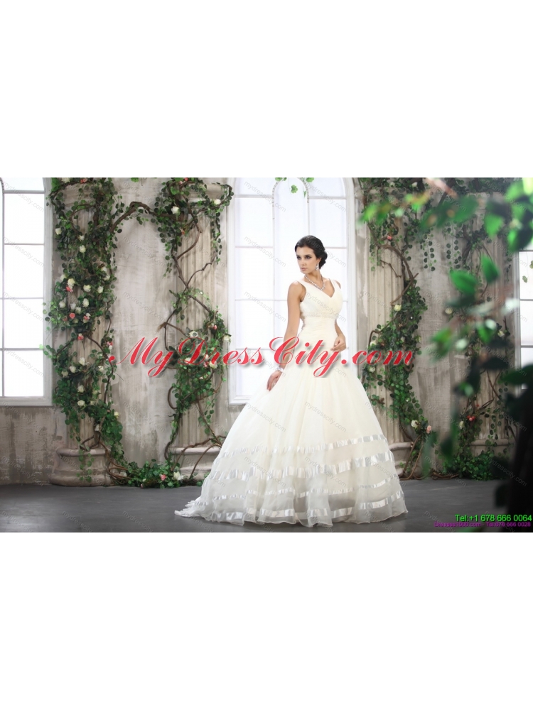 2015 Beautiful White Straps Ruffled Bridal Dresses with Brush Train