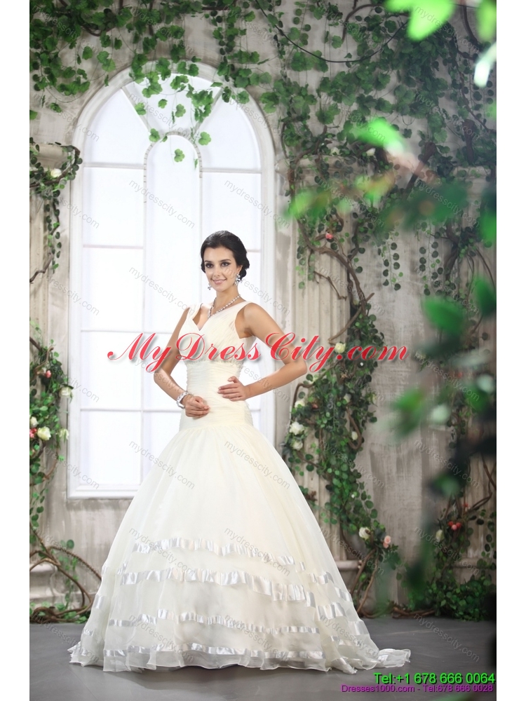 2015 Beautiful White Straps Ruffled Bridal Dresses with Brush Train