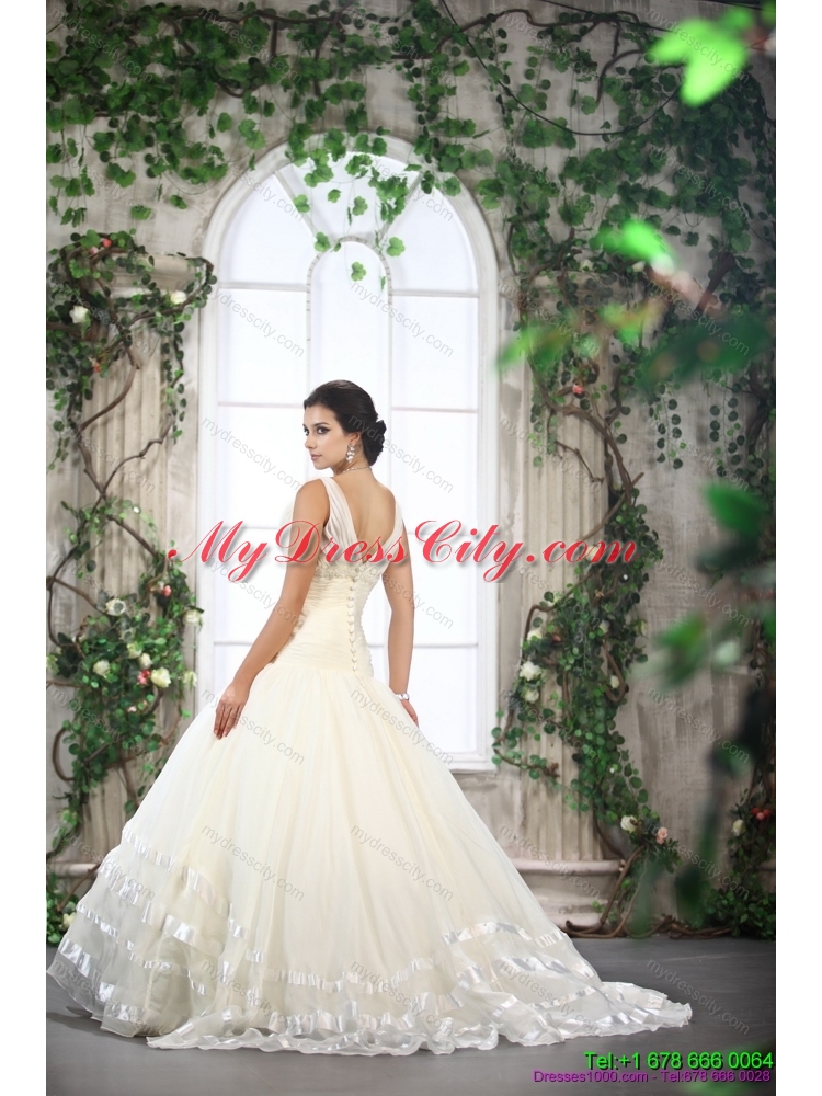 2015 Beautiful White Straps Ruffled Bridal Dresses with Brush Train