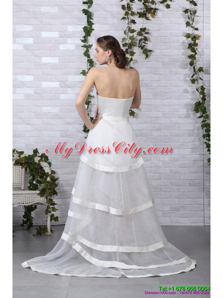 2015 Detachable White Strapless Wedding Dresses with Brush Train and Bownot