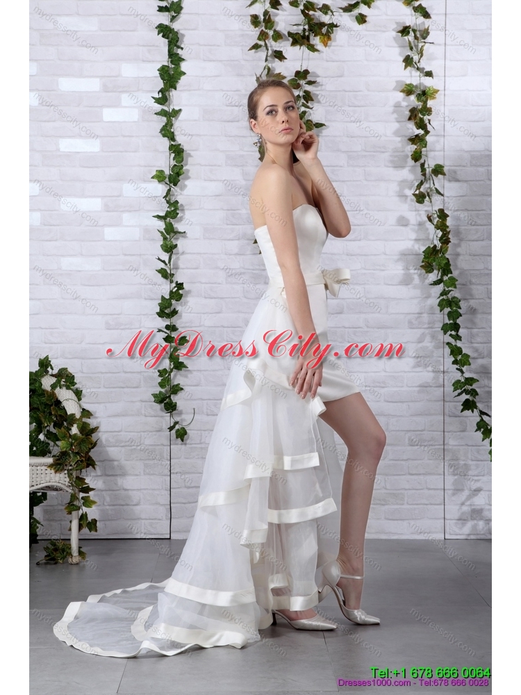 2015 Detachable White Strapless Wedding Dresses with Brush Train and Bownot