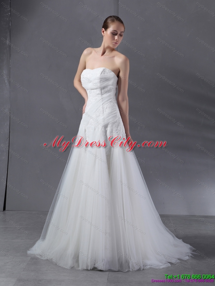 2015 Maternity Strapless Wedding Dresses with Brush Train and Appliques