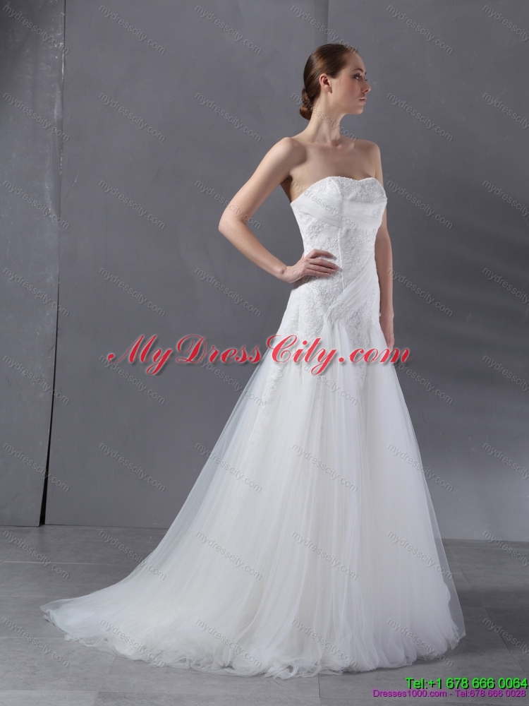 2015 Maternity Strapless Wedding Dresses with Brush Train and Appliques