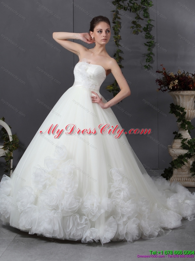 2015 New Style Ruffled White Wedding Dresses with Chapel Train