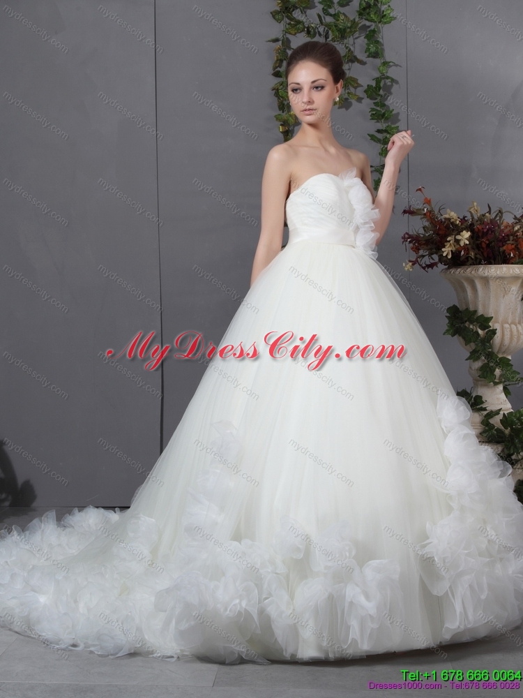 2015 New Style Ruffled White Wedding Dresses with Chapel Train