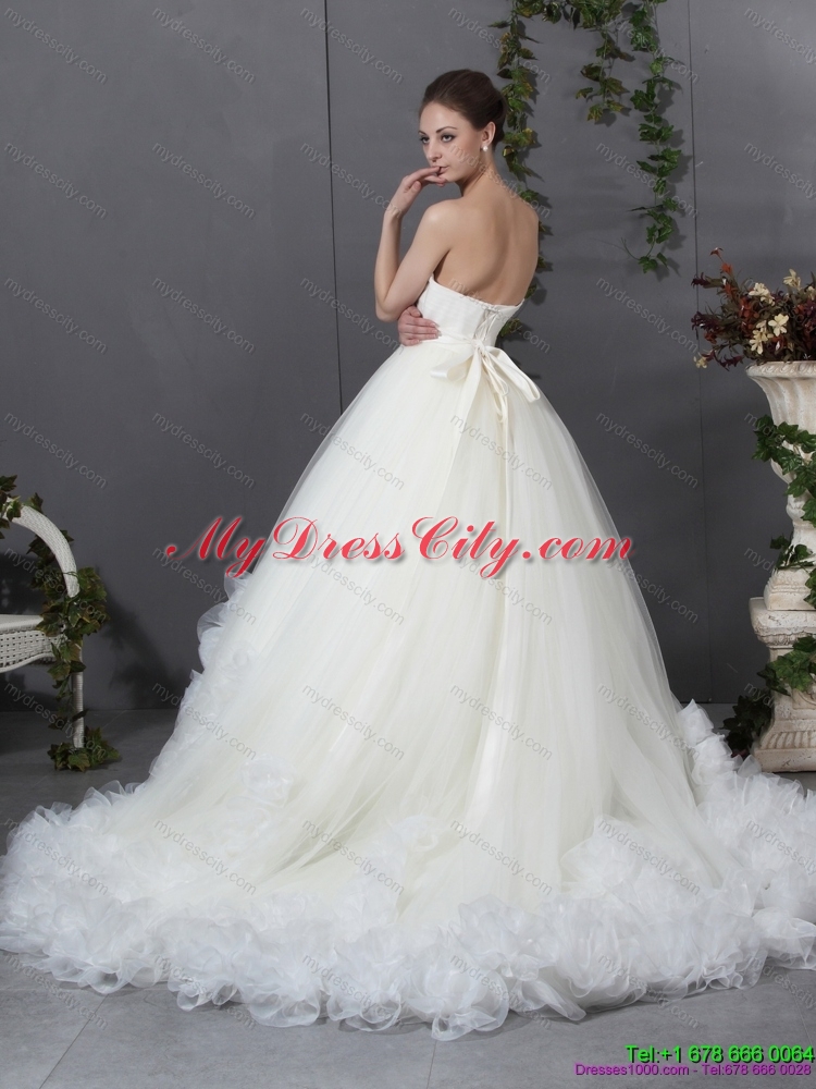 2015 New Style Ruffled White Wedding Dresses with Chapel Train