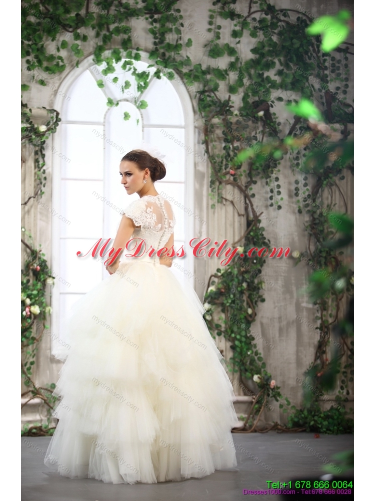 2015 Perfect White Wedding Dresses with Ruffled Layers and Lace