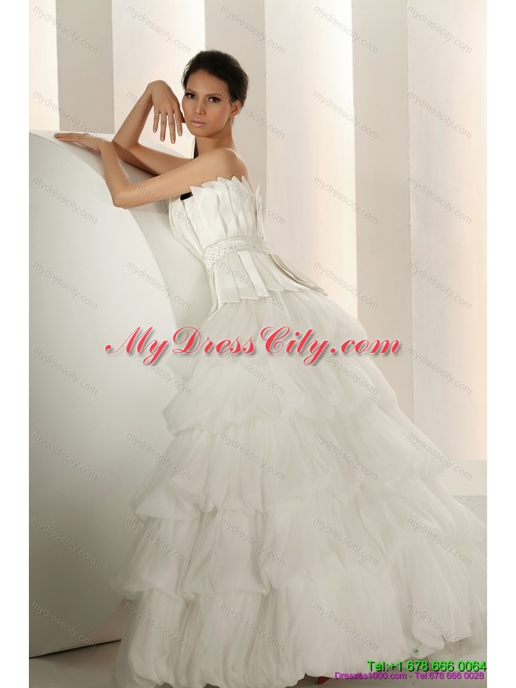 2015 Popular Beaded Strapless White Wedding Dresses with Ruffled Layers