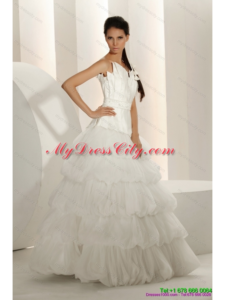 2015 Popular Beaded Strapless White Wedding Dresses with Ruffled Layers