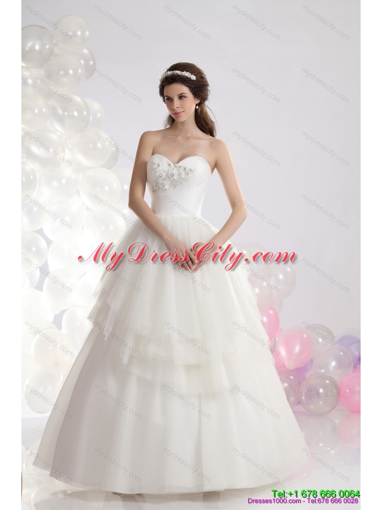 2015 Popular Sweetheart Beaded Ruffled Wedding Dresses in White