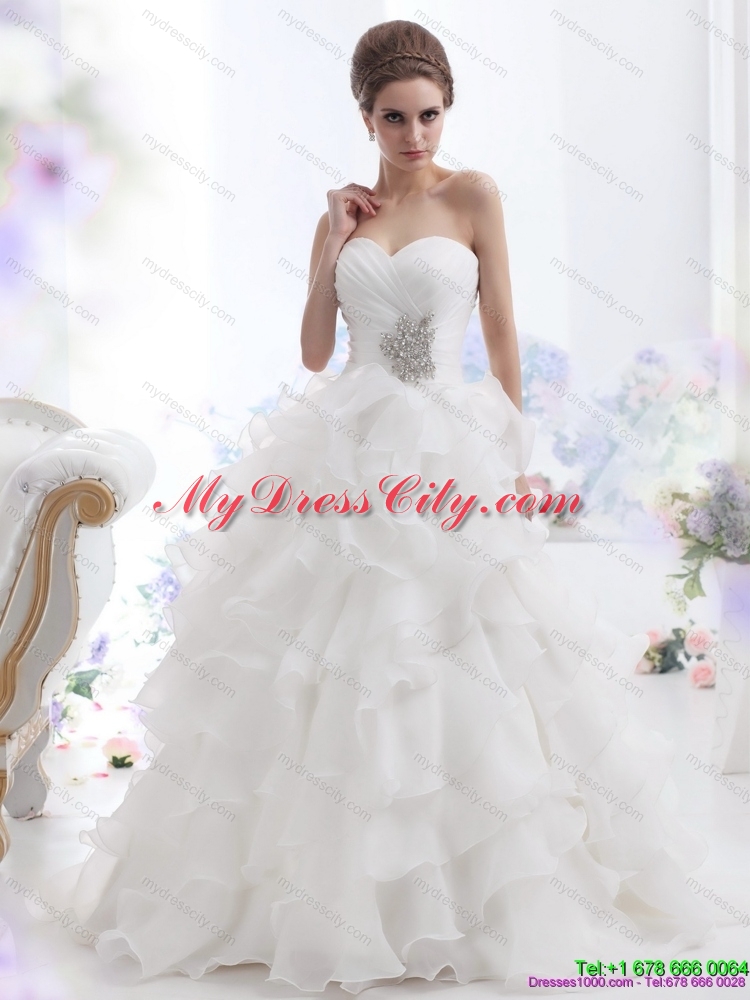 2015 Pretty Beading and Ruffled Layers Brush Train Wedding Dresses in White