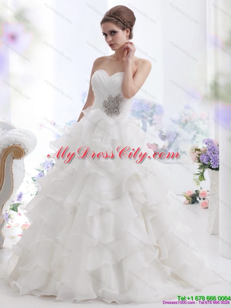 2015 Pretty Beading and Ruffled Layers Brush Train Wedding Dresses in White