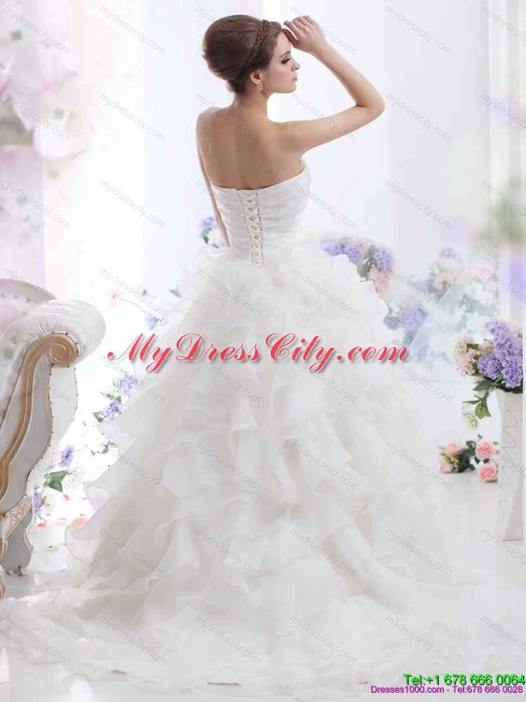 2015 Pretty Beading and Ruffled Layers Brush Train Wedding Dresses in White