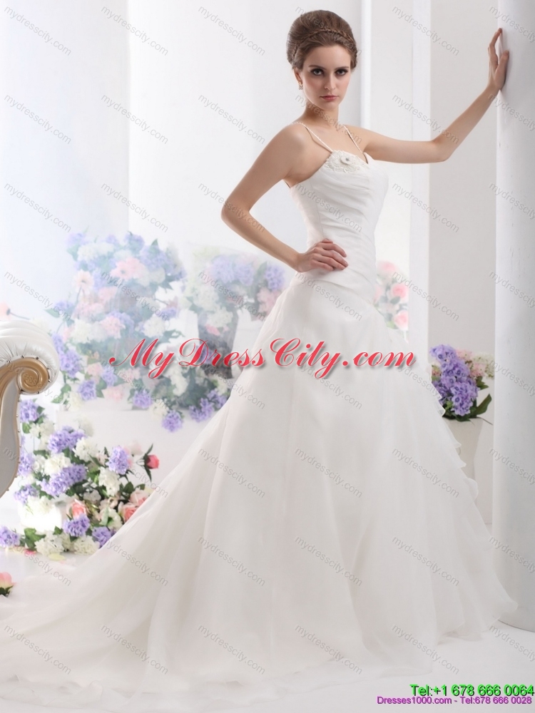 2015 Ruched White Wedding Dresses with Brush Train and Appliques