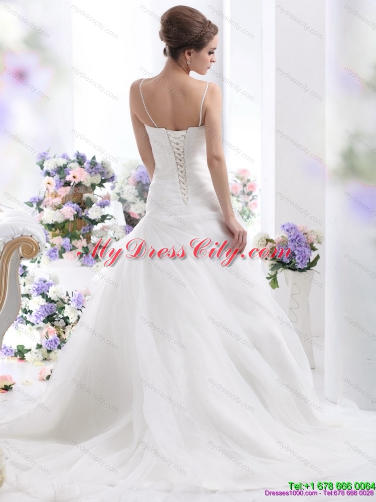 2015 Ruched White Wedding Dresses with Brush Train and Appliques