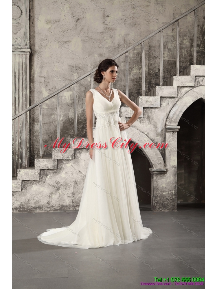 2015 Ruching and Beading White Wedding Dresses with Brush Train