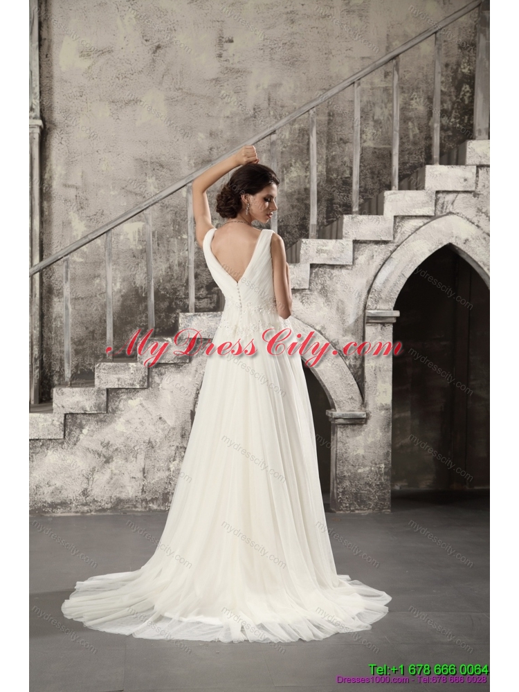 2015 Ruching and Beading White Wedding Dresses with Brush Train