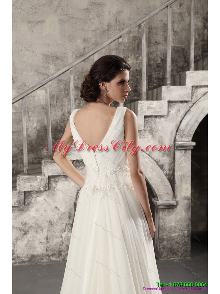 2015 Ruching and Beading White Wedding Dresses with Brush Train