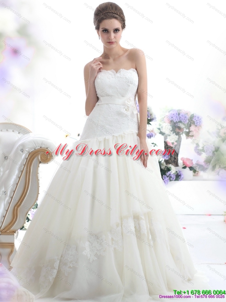 2015 Ruffled White Strapless Wedding Dresses with Sash and Bownot