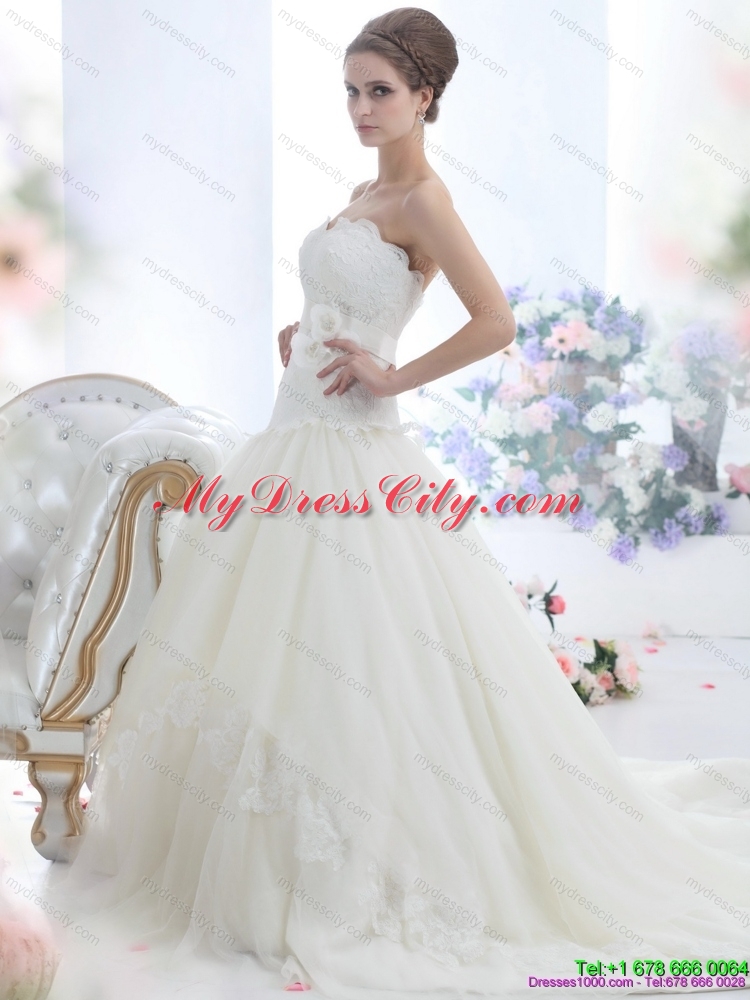 2015 Ruffled White Strapless Wedding Dresses with Sash and Bownot