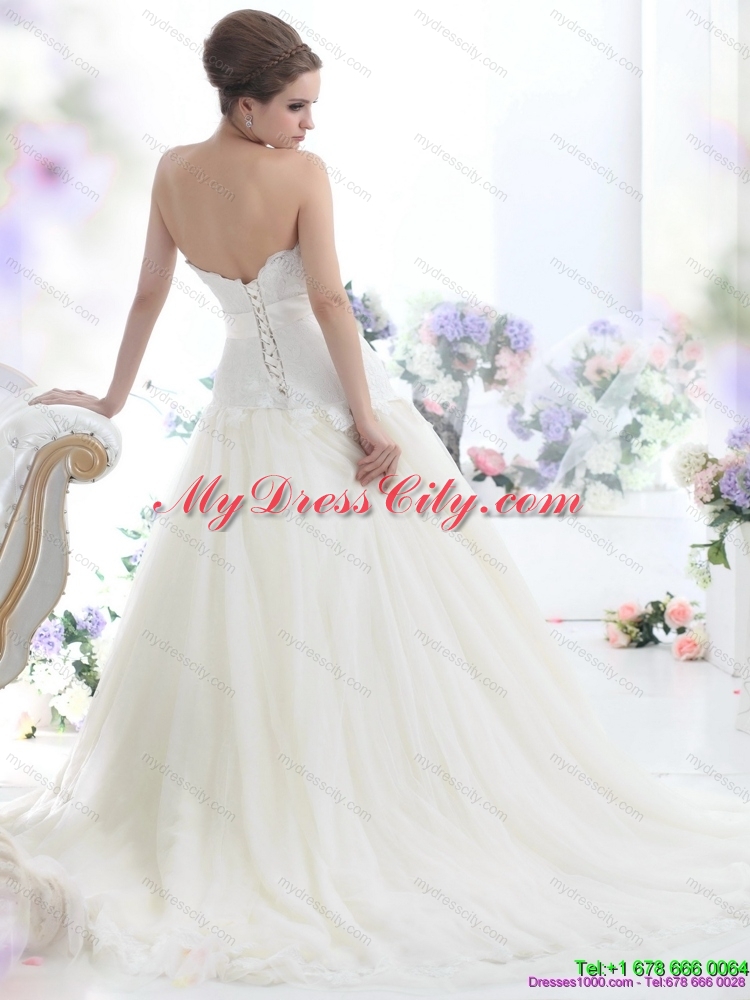 2015 Ruffled White Strapless Wedding Dresses with Sash and Bownot