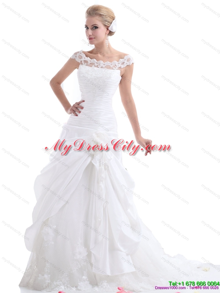 2015 Ruffled White Wedding Dresses with Brush Train and Hand Made Flower