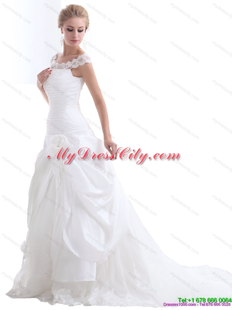 2015 Ruffled White Wedding Dresses with Brush Train and Hand Made Flower