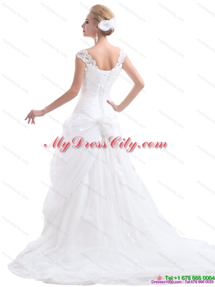 2015 Ruffled White Wedding Dresses with Brush Train and Hand Made Flower