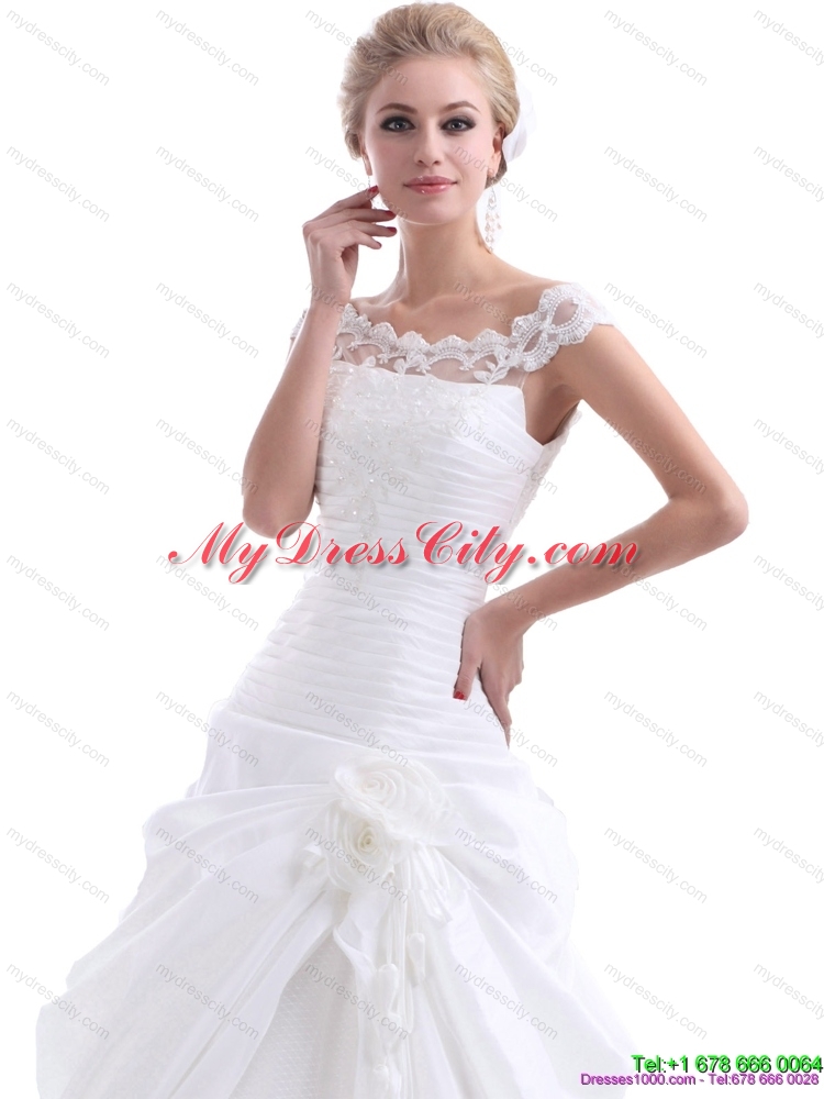 2015 Ruffled White Wedding Dresses with Brush Train and Hand Made Flower