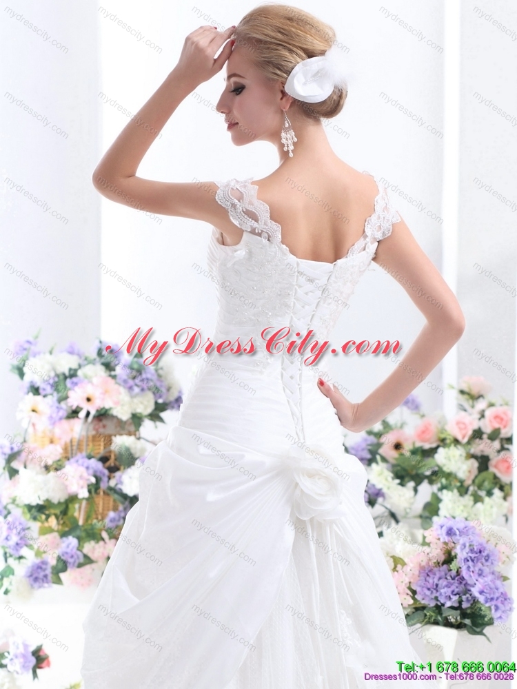 2015 Ruffled White Wedding Dresses with Brush Train and Hand Made Flower