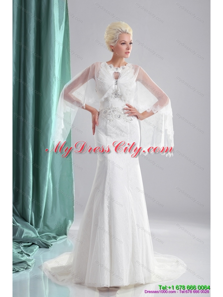 2015 Unique Beading White Wedding Dresses with Brush Train