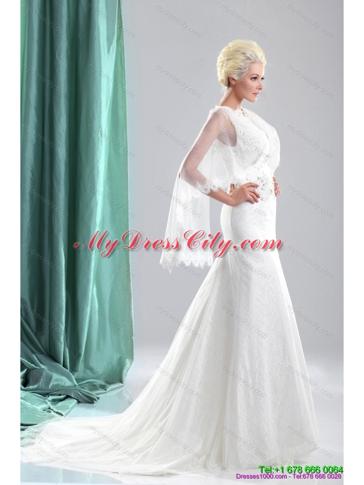 2015 Unique Beading White Wedding Dresses with Brush Train