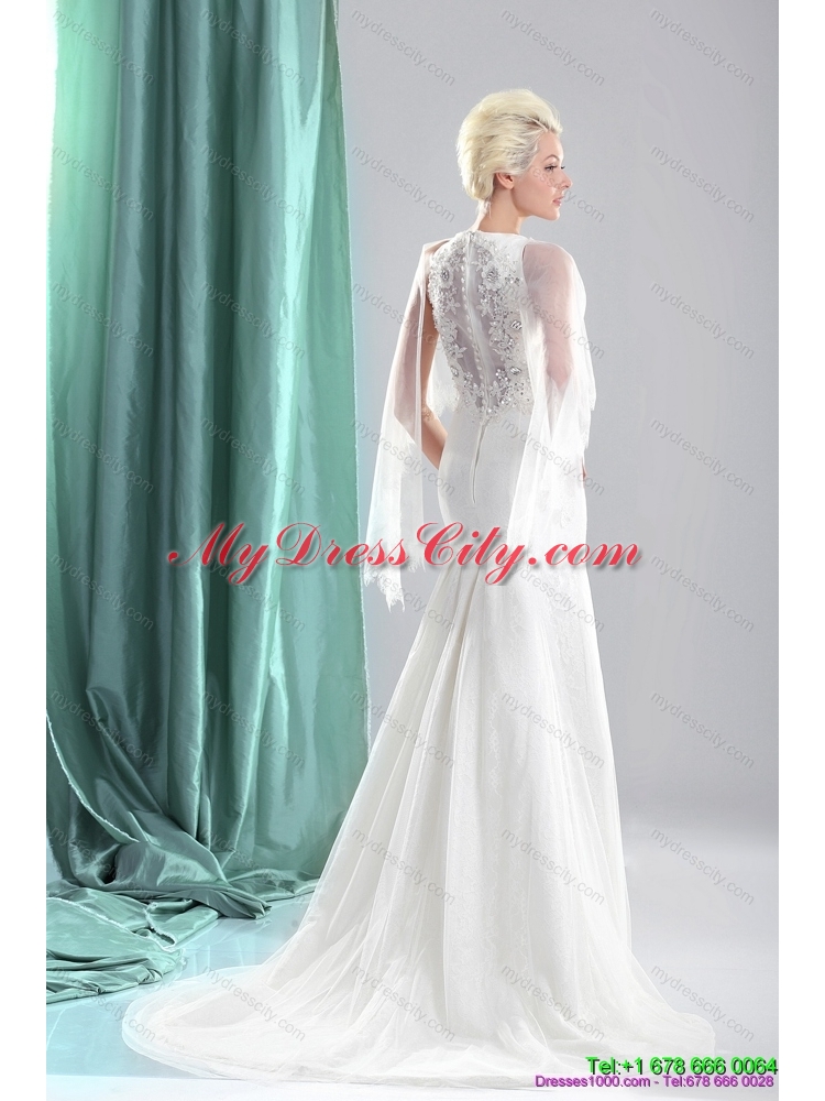 2015 Unique Beading White Wedding Dresses with Brush Train