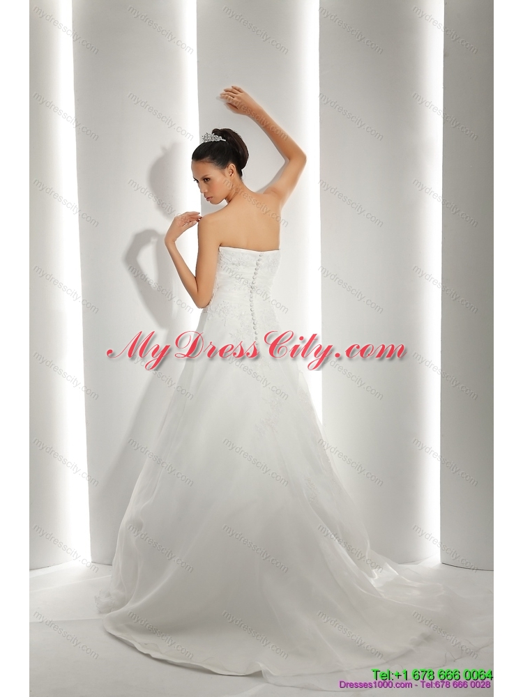 2015 Unique Brush Train Ruching White Wedding Dresses with Appliques