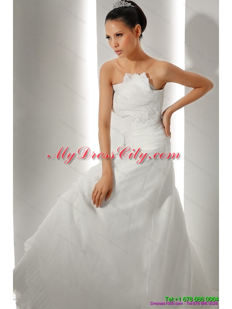 2015 Unique Brush Train Ruching White Wedding Dresses with Appliques