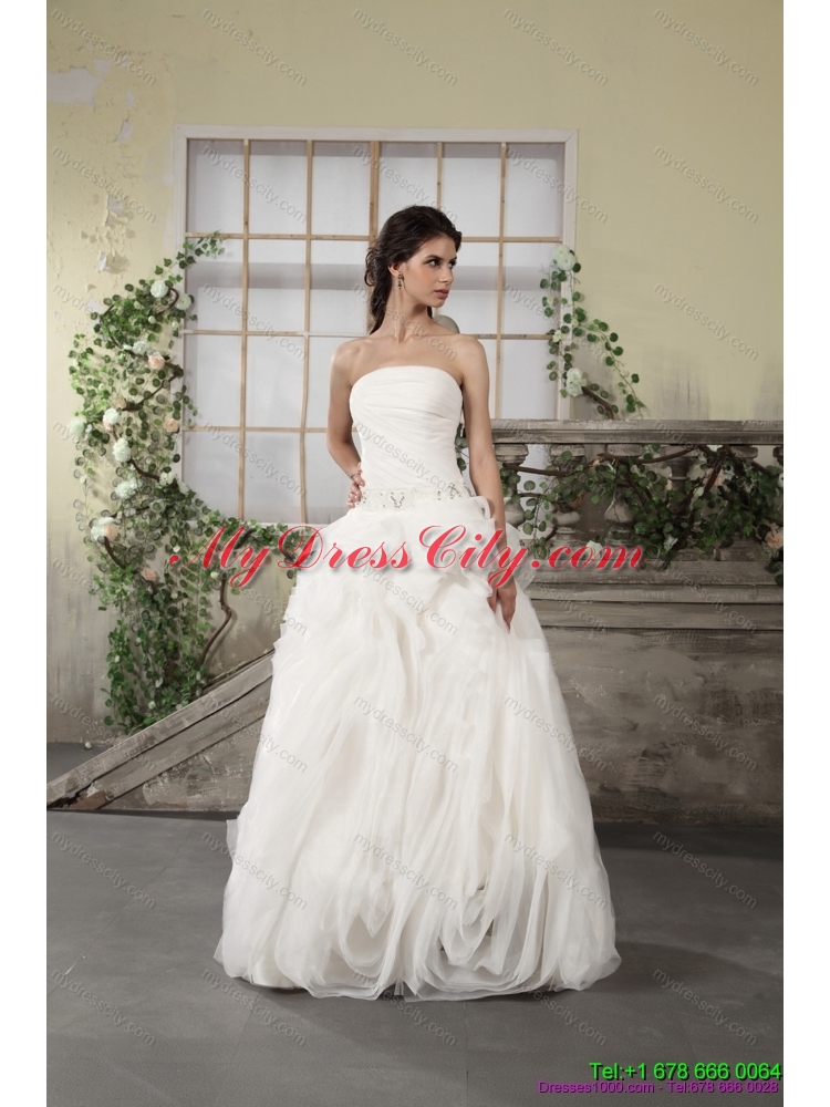 2015 Unique Ruffled Strapless White Wedding Dresses with Brush Train